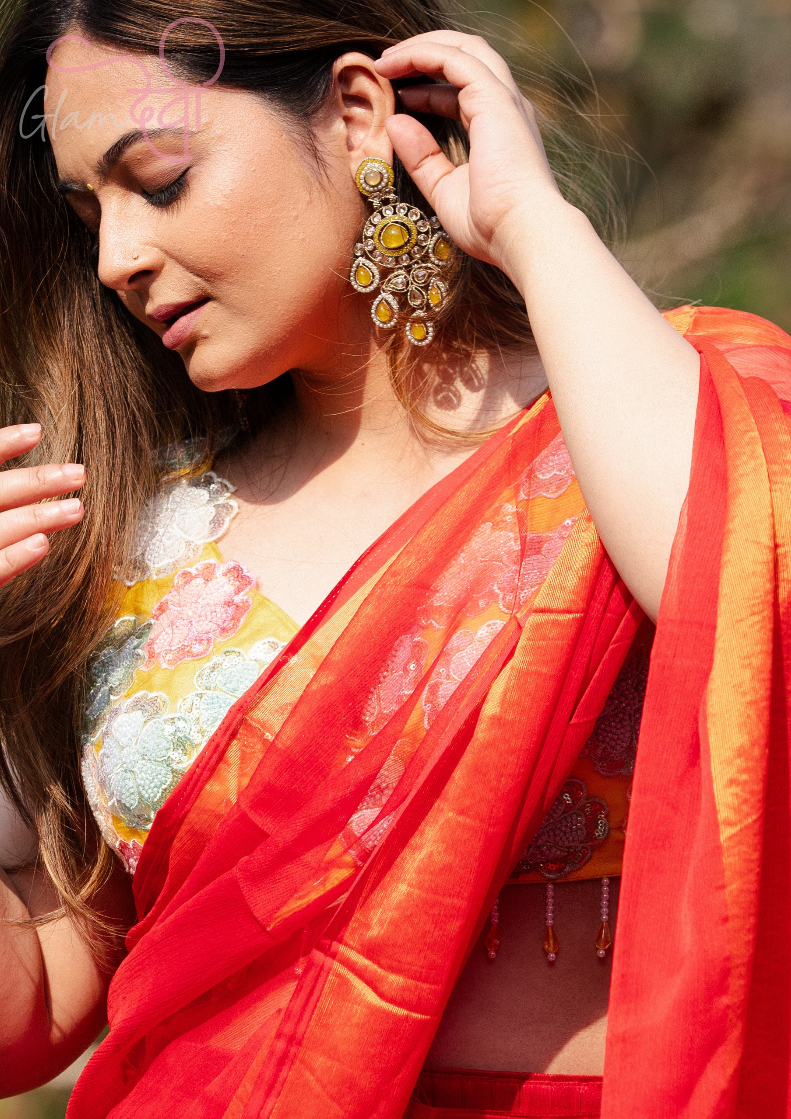 Yellow Sleeveless Silk Blouse with 3D Floral Appliqué & Dori Tie-Up Back | Festive Wear | Glam Devi