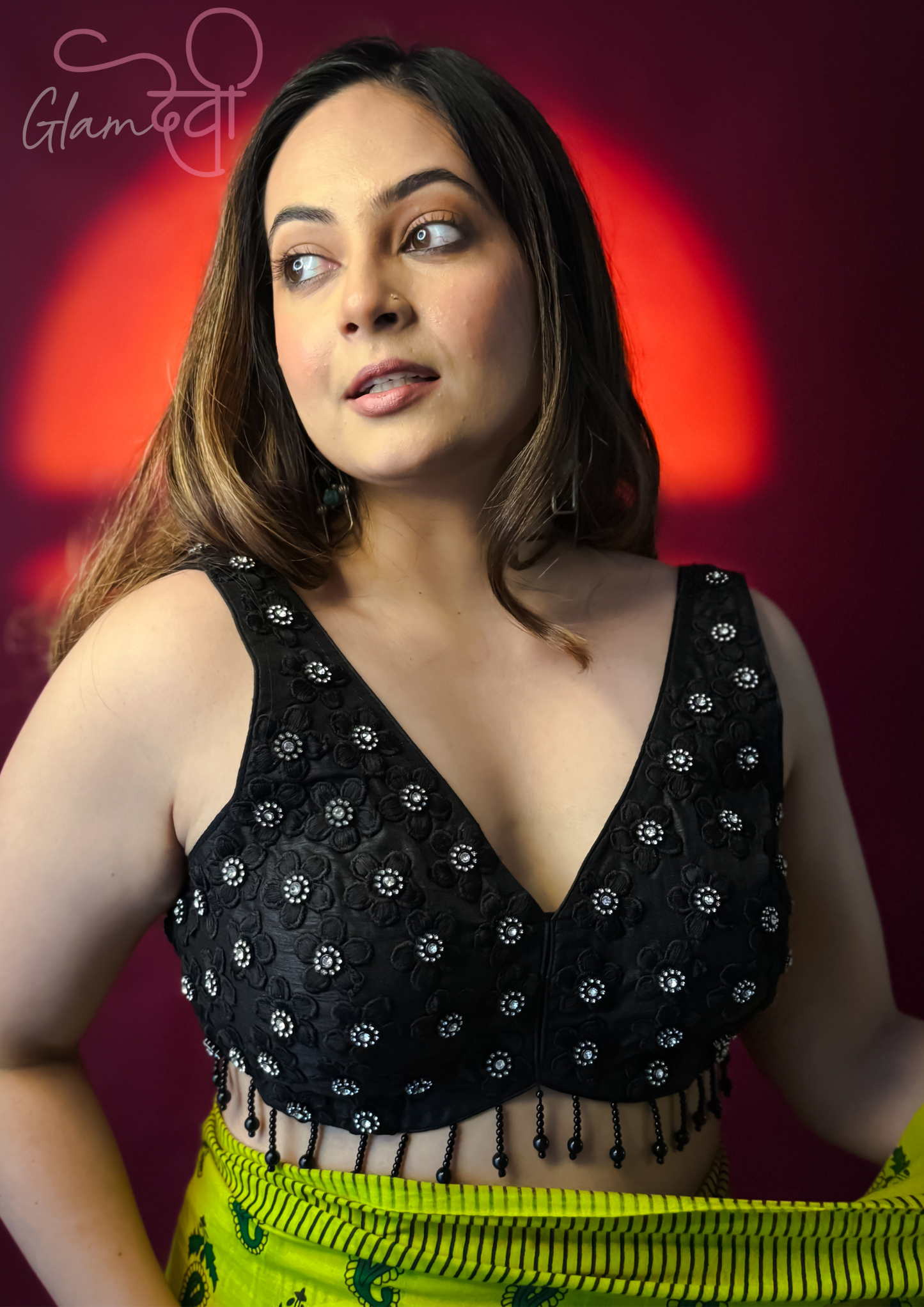 Black Sleeveless Embroidered Silk Blouse for Women – Mirror Work with Tassel Detailing | Glam Devi