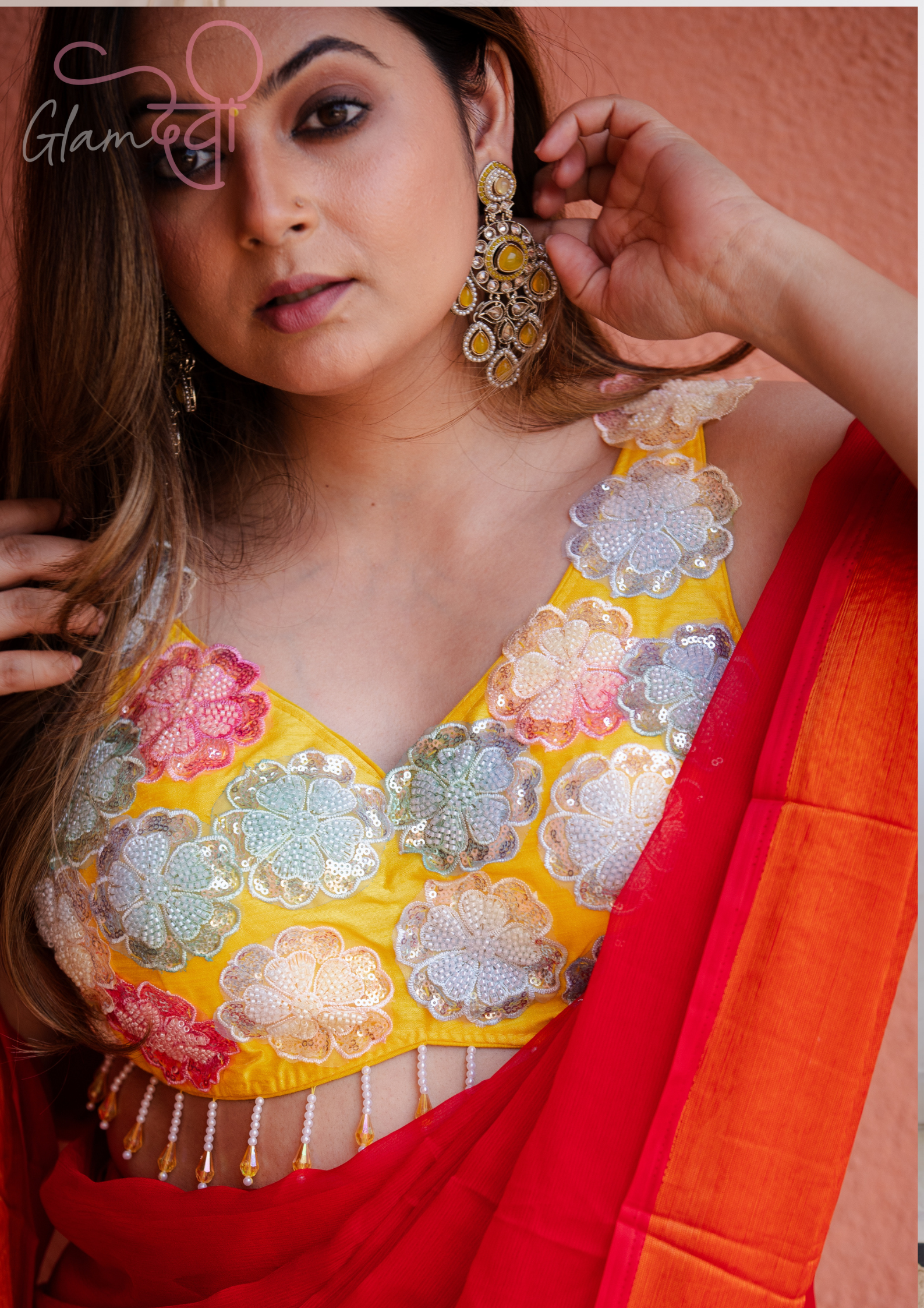 Yellow Sleeveless Silk Blouse with 3D Floral Appliqué & Dori Tie-Up Back | Festive Wear | Glam Devi