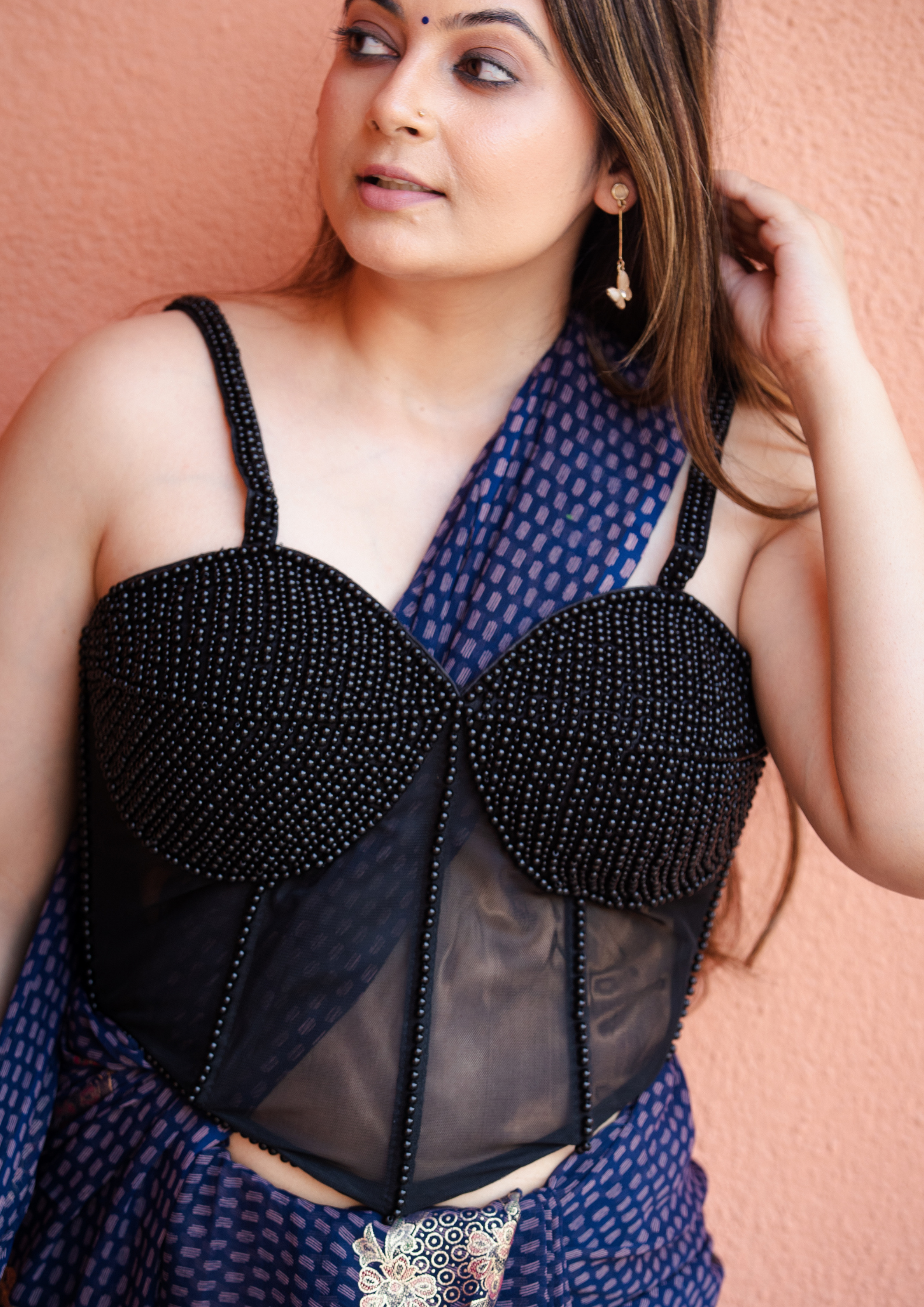 Black Sleeveless Beaded Corset Silk Blouse with Lace-Up Back & Sheer Panel | Glam Devi