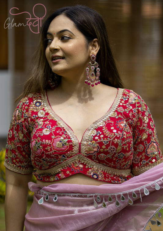 Red Half Sleeve Embroidered Blouse for Women – Festive & Wedding Wear | Glam Devi