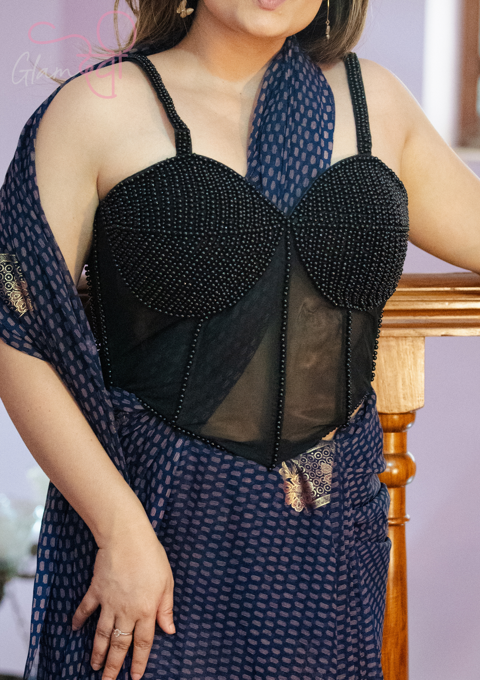 Black Sleeveless Beaded Corset Silk Blouse with Lace-Up Back & Sheer Panel | Glam Devi