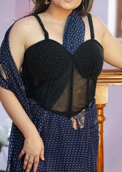 Black Sleeveless Beaded Corset Silk Blouse with Lace-Up Back & Sheer Panel | Glam Devi