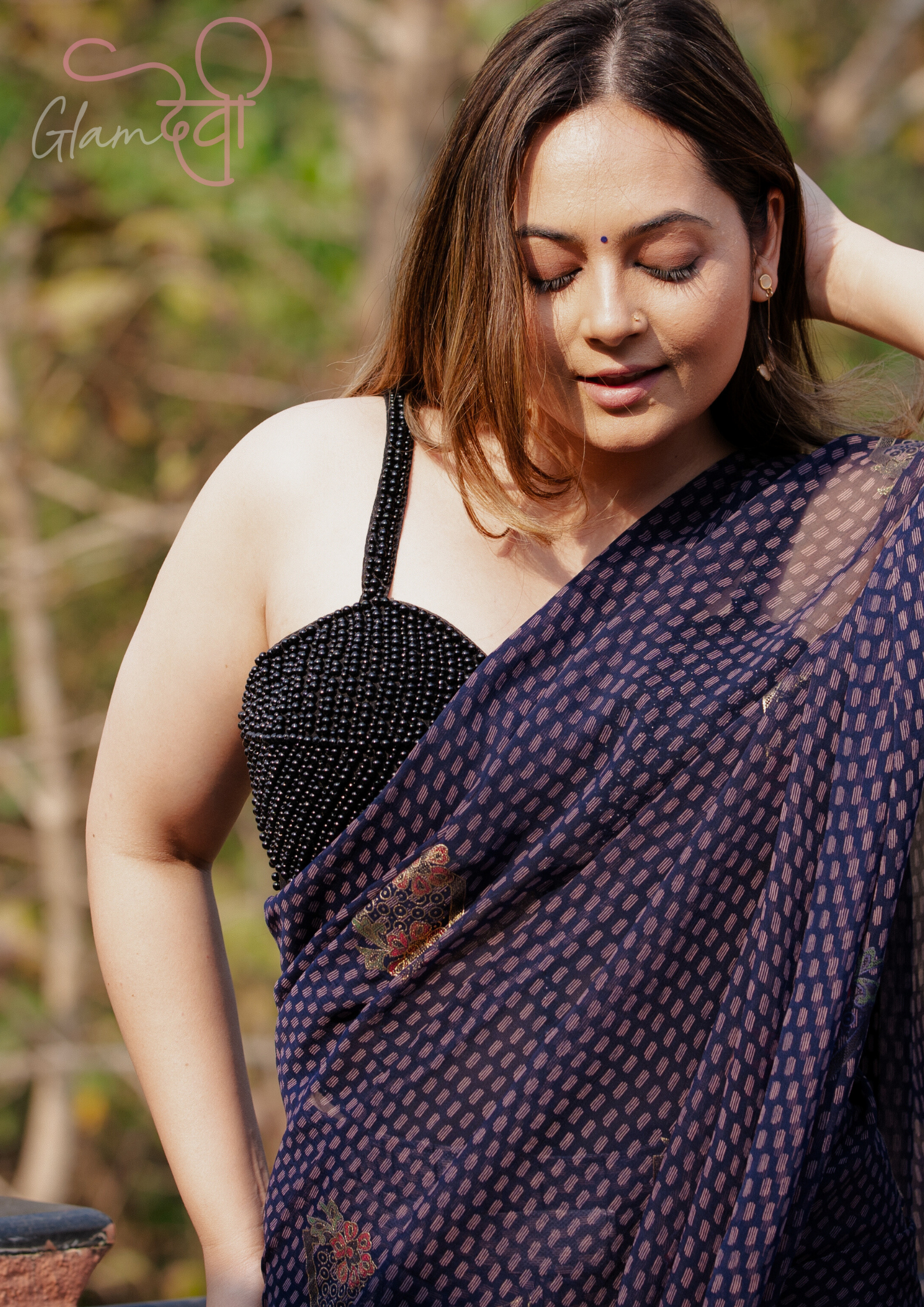 Black Sleeveless Beaded Corset Silk Blouse with Lace-Up Back & Sheer Panel | Glam Devi