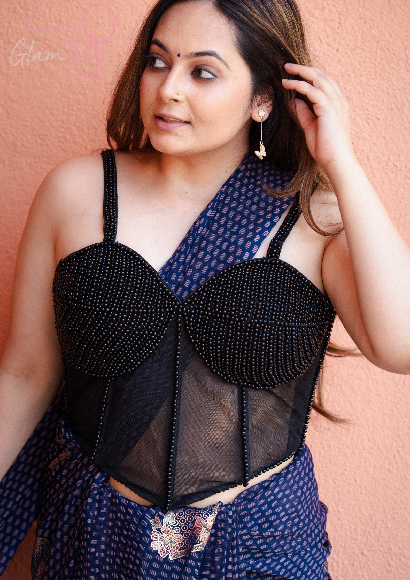 Black Sleeveless Beaded Corset Silk Blouse with Lace-Up Back & Sheer Panel | Glam Devi