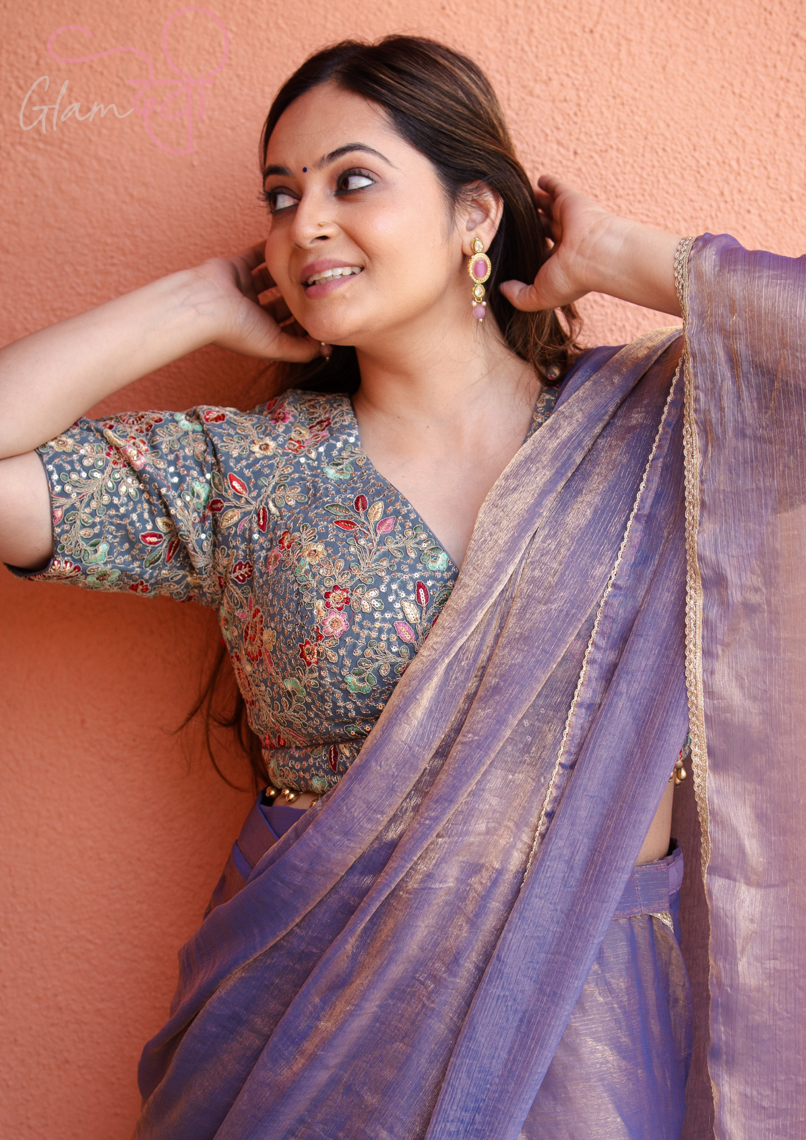 Grey Floral Embroidered V-Neck Half Sleeve Designer Blouse with Tie-Up Back & Latkan Hem