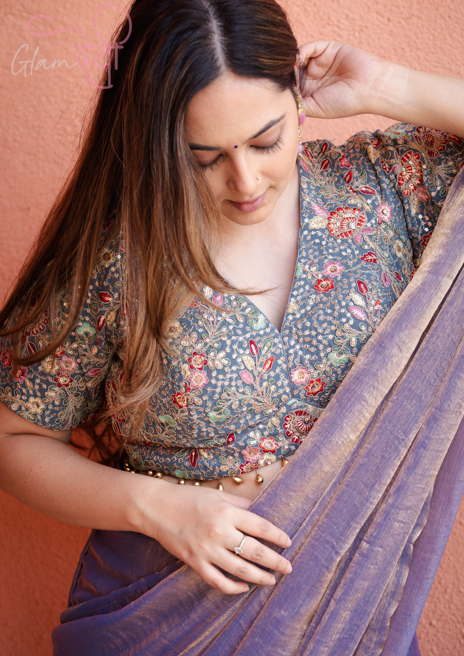 Grey Floral Embroidered V-Neck Half Sleeve Designer Blouse with Tie-Up Back & Latkan Hem