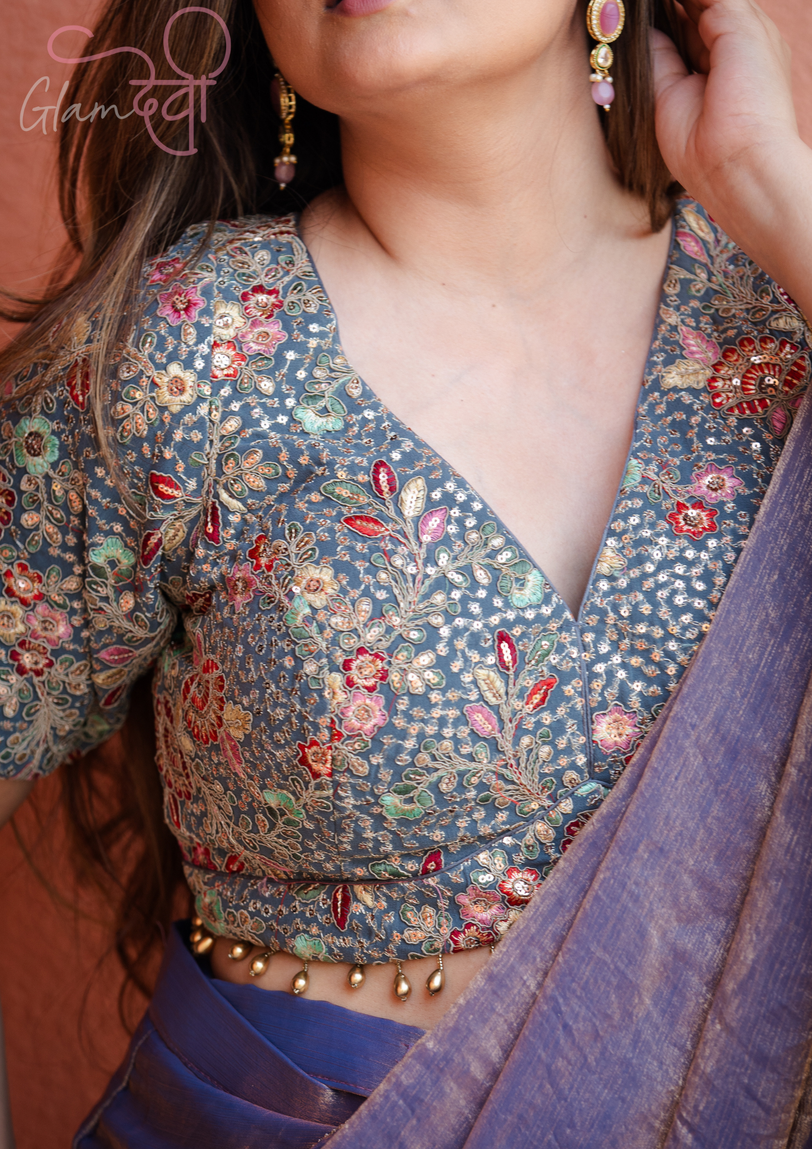 Grey Floral Embroidered V-Neck Half Sleeve Designer Blouse with Tie-Up Back & Latkan Hem