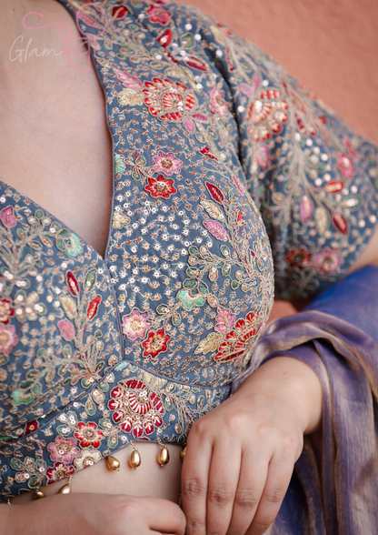 Grey Floral Embroidered V-Neck Half Sleeve Designer Blouse with Tie-Up Back & Latkan Hem