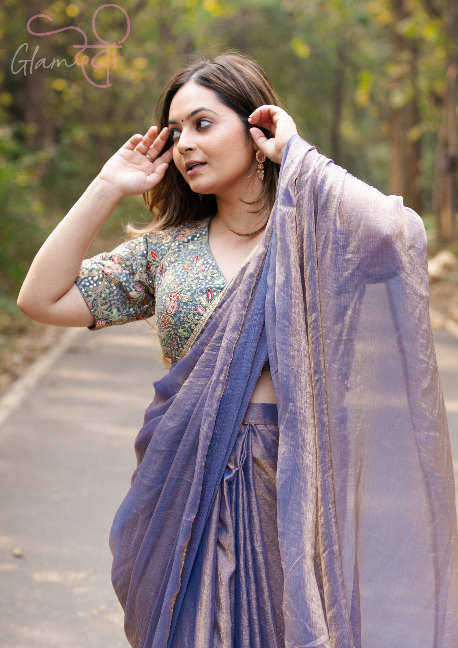 Grey Floral Embroidered V-Neck Half Sleeve Designer Blouse with Tie-Up Back & Latkan Hem