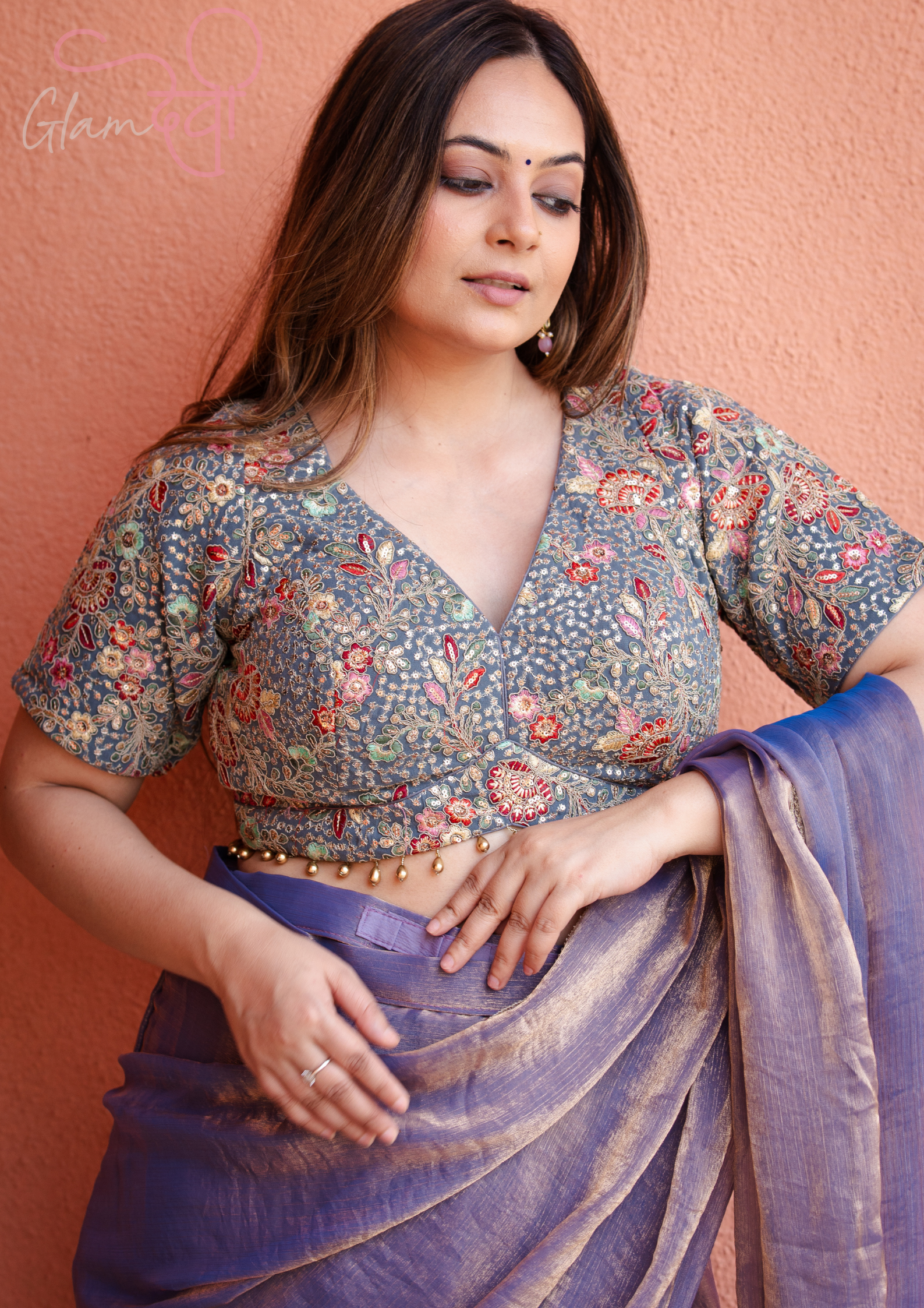 Grey Floral Embroidered V-Neck Half Sleeve Designer Blouse with Tie-Up Back & Latkan Hem