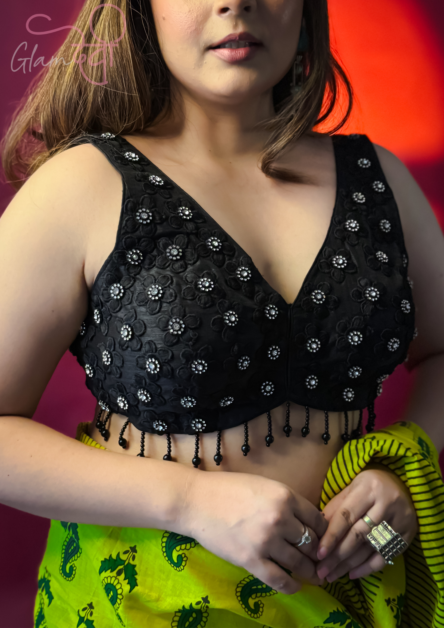 Black Sleeveless Embroidered Silk Blouse for Women – Mirror Work with Tassel Detailing | Glam Devi
