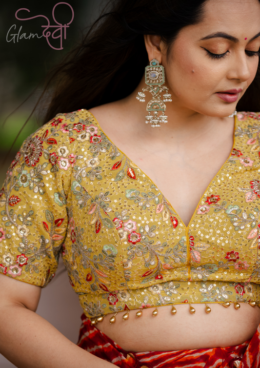 Yellow Embroidered Half Sleeve Blouse for Women – Festive & Wedding Wear | Glam Devi