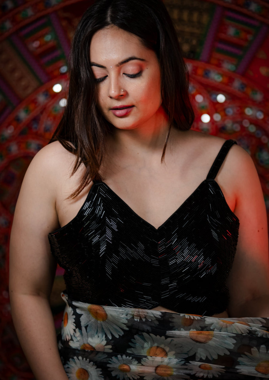 Black Bead Work Sleeveless Silk Blouse – Elegant and Versatile