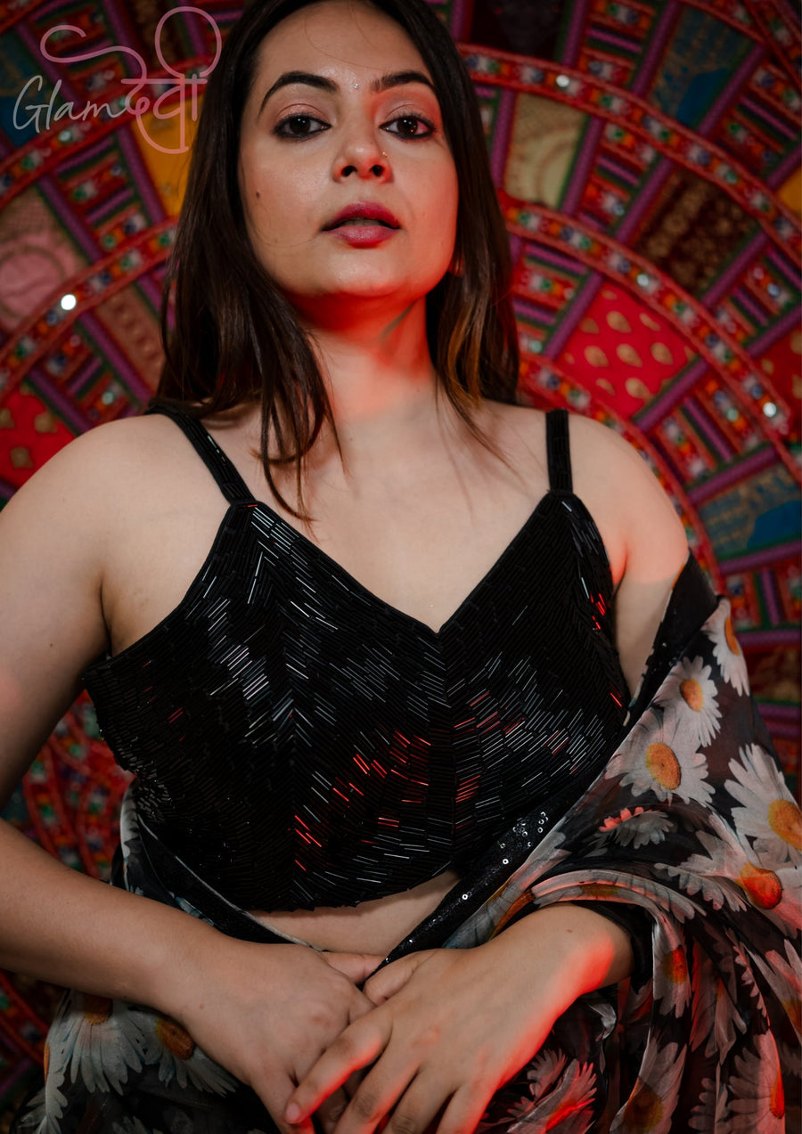 Black Bead Work Sleeveless Silk Blouse – Elegant and Versatile