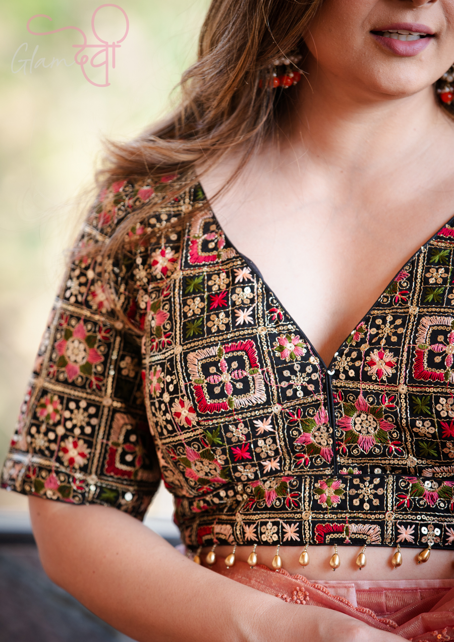 Black Multi Embroidered Silk Blouse with Half Sleeves & V Neck | Glam Devi