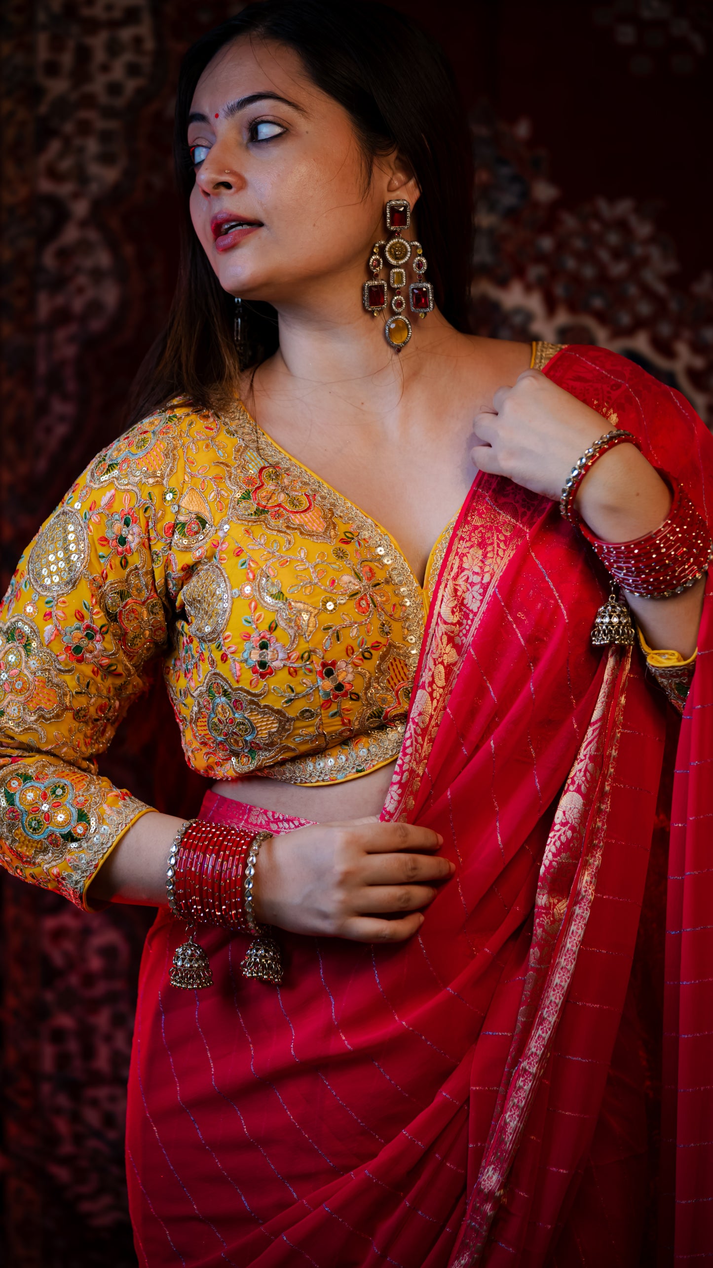 Mustard 3/4 Sleeve Embroidered Blouse