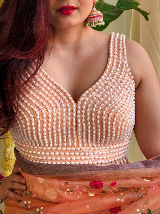 Pastel Orange Zircon Beads Blouse