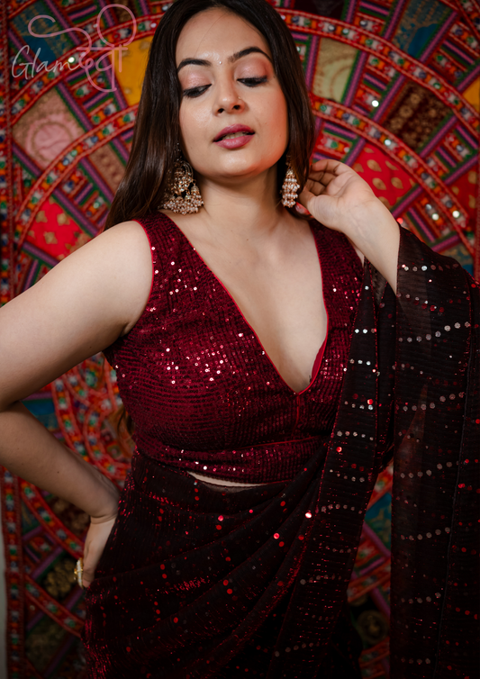 Marron Sequin Sleeveless Saree Blouse - Glam Devi