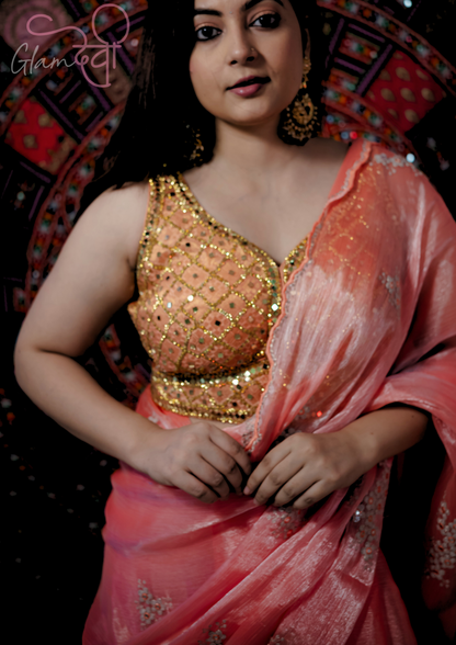 Peach Mirror Work Blouse - Glam Devi