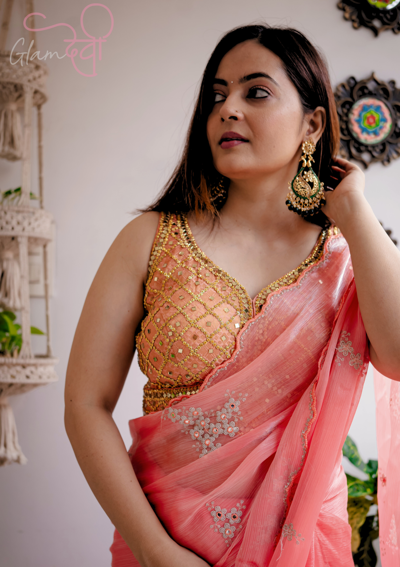 Peach Mirror Work Blouse - Glam Devi