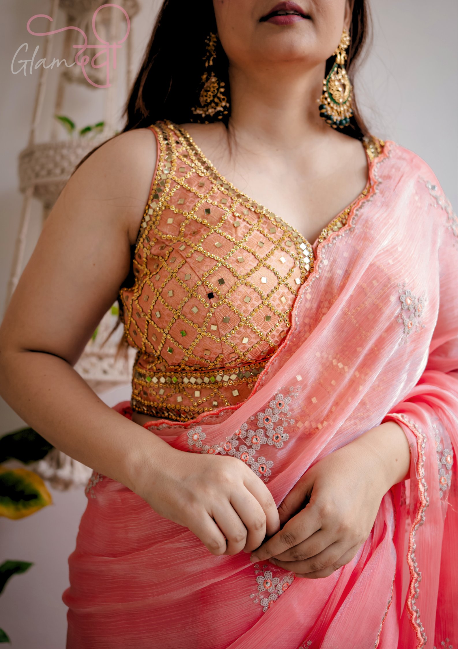 Peach Mirror Work Blouse - Glam Devi