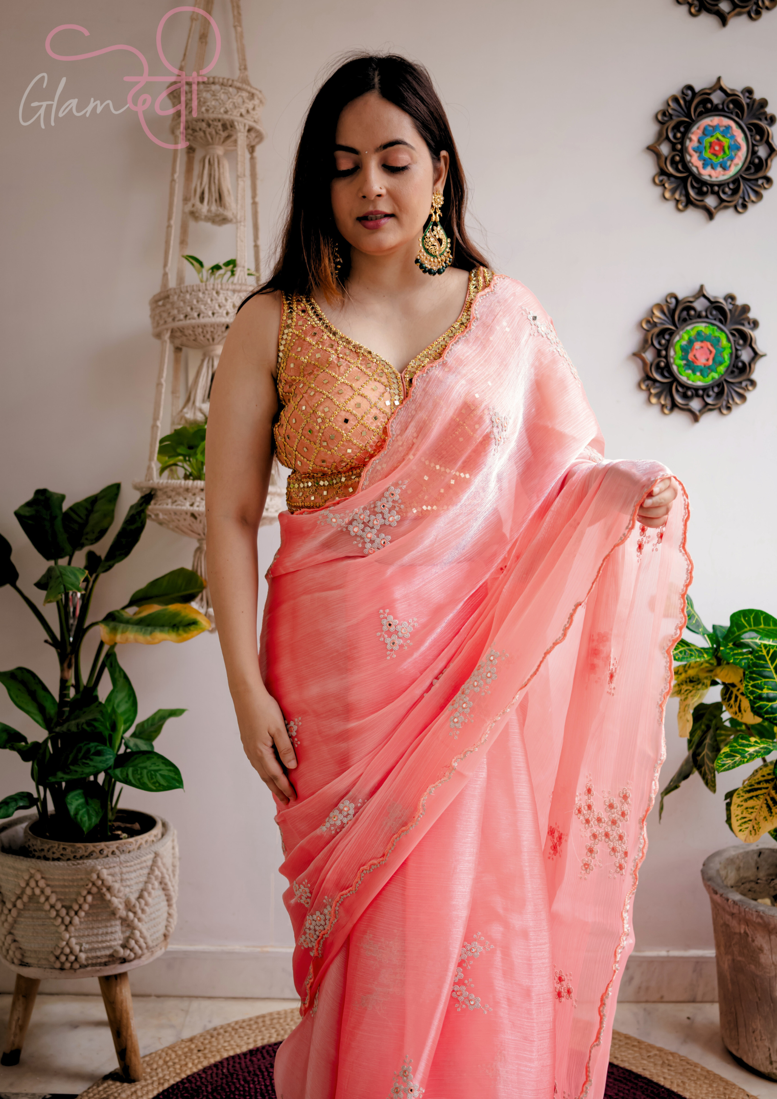 Peach Mirror Work Blouse - Glam Devi