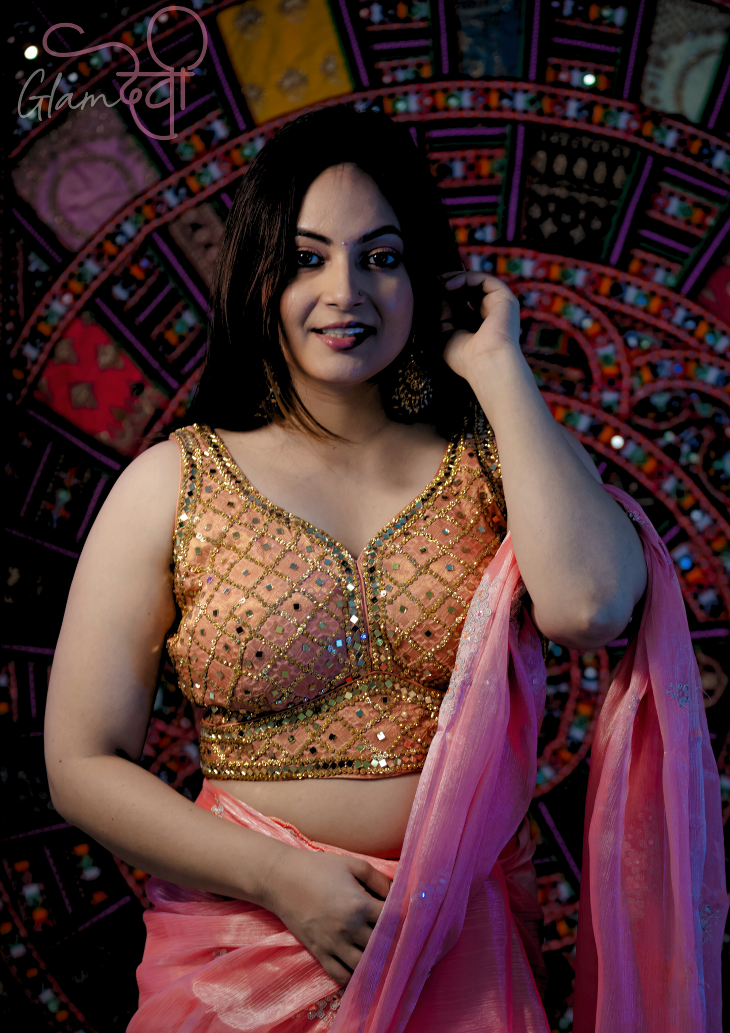 Peach Mirror Work Blouse - Glam Devi