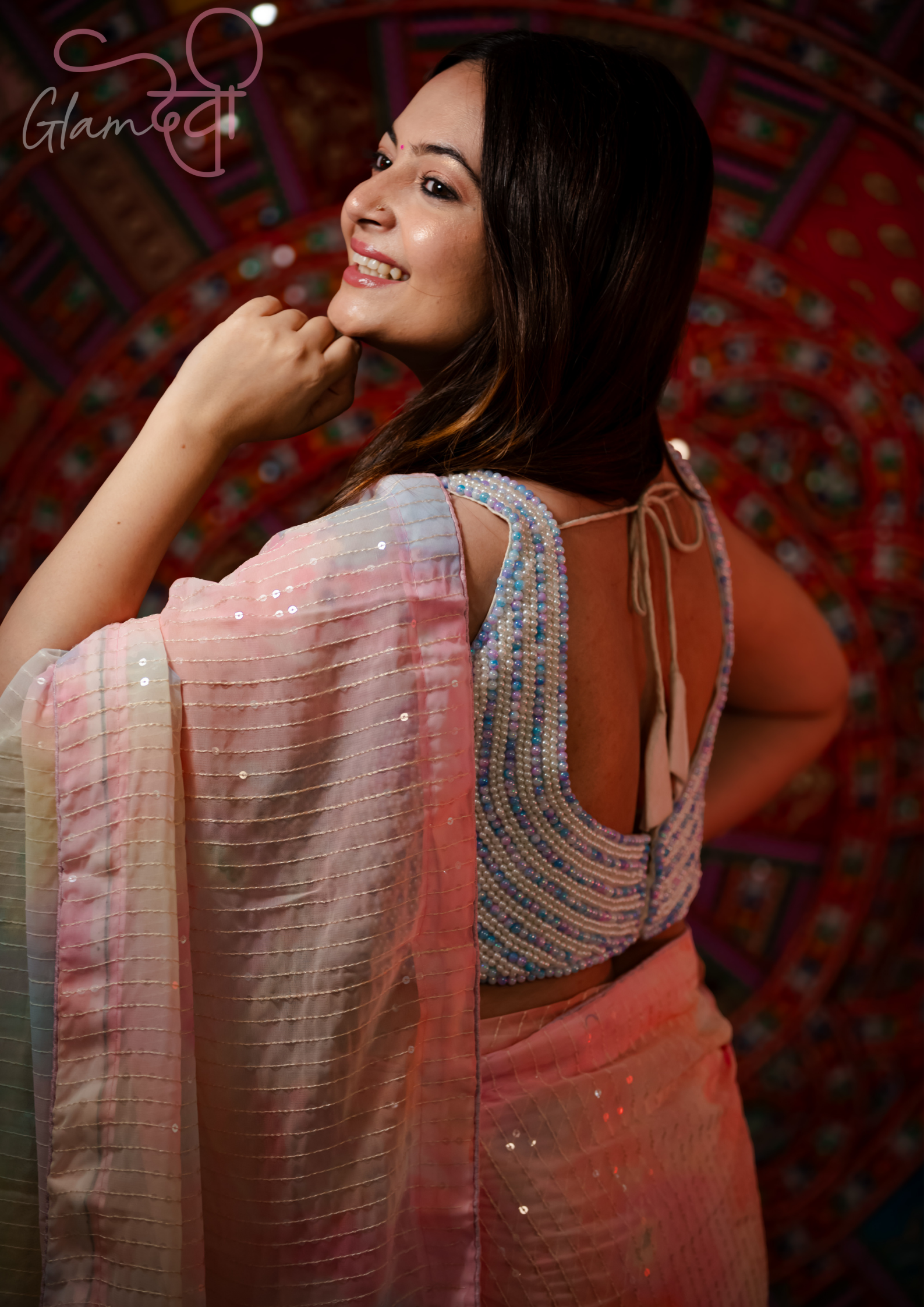 White and blue Pearl Embellished Blouse - Glam Devi