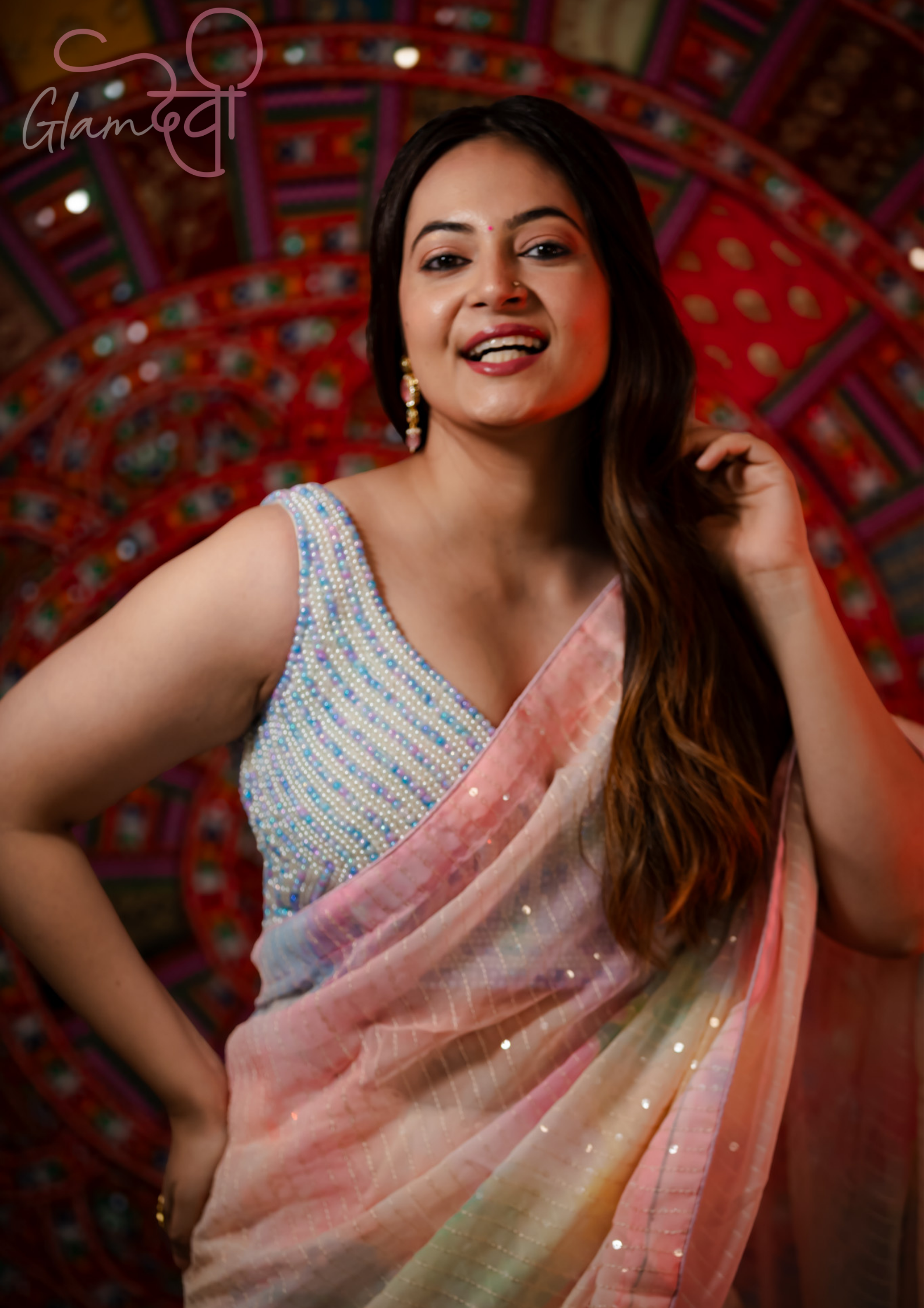 White and blue Pearl Embellished Blouse - Glam Devi