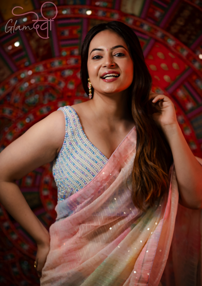 White and blue Pearl Embellished Blouse - Glam Devi