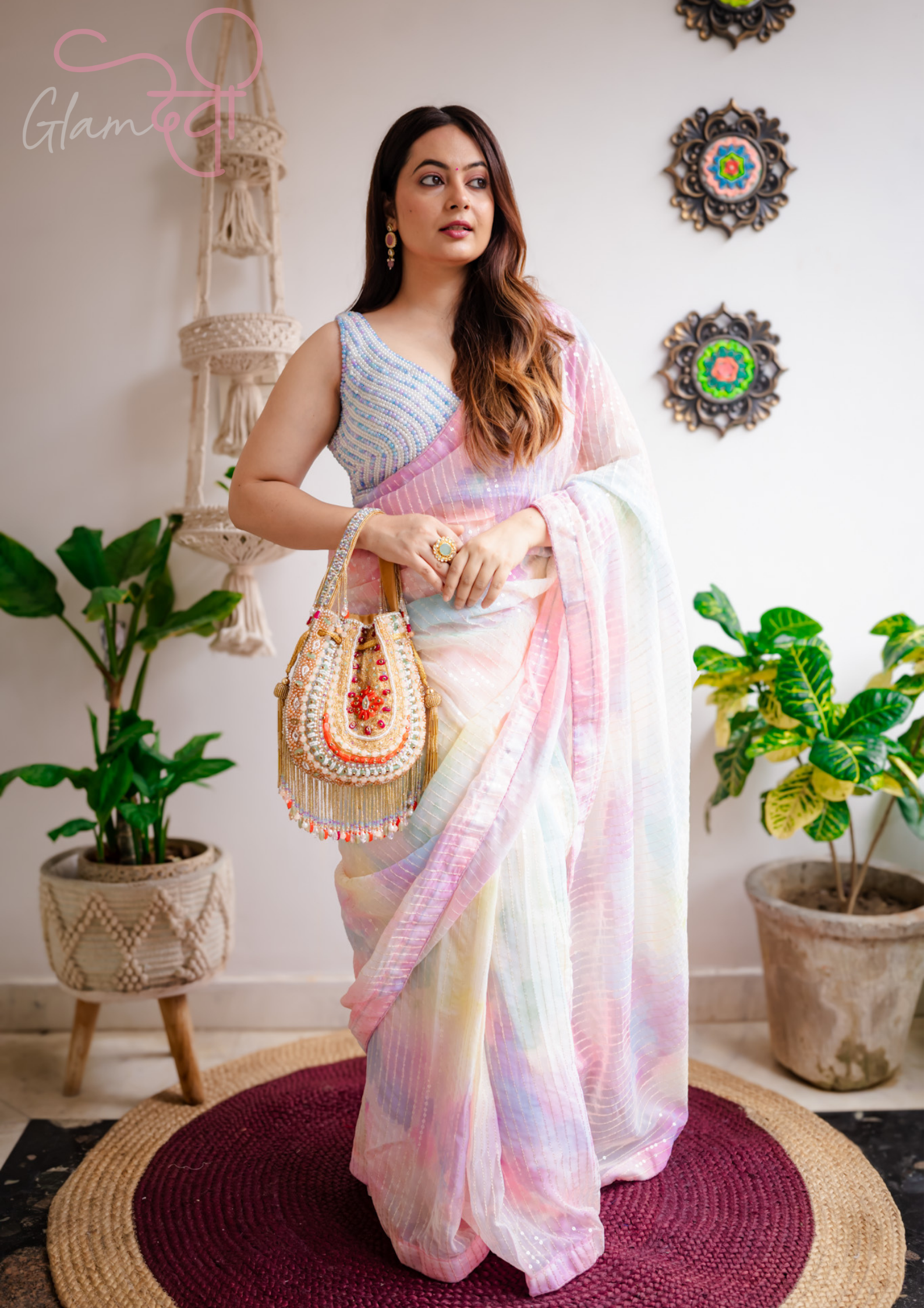 White and blue Pearl Embellished Blouse - Glam Devi