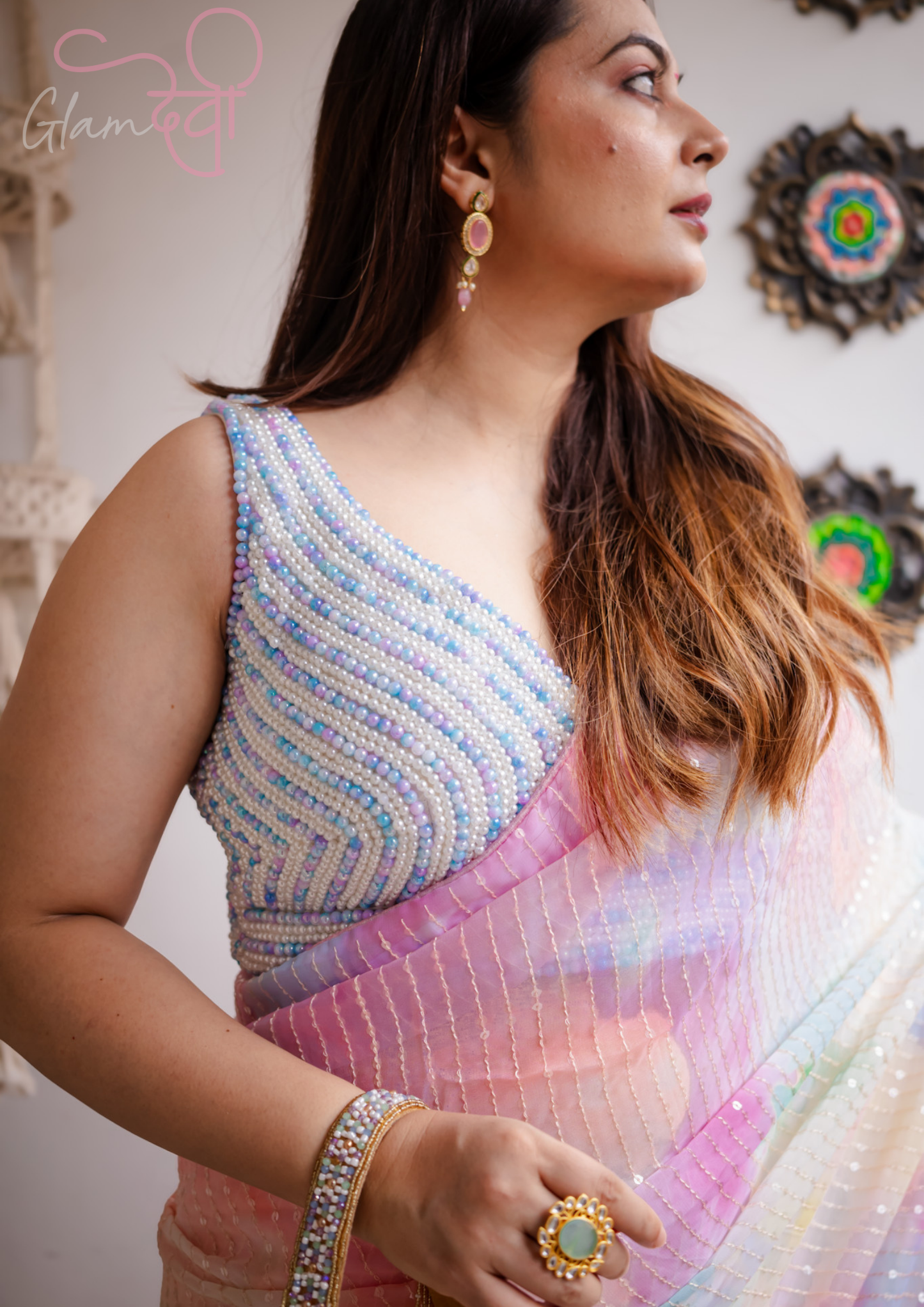 White and blue Pearl Embellished Blouse - Glam Devi