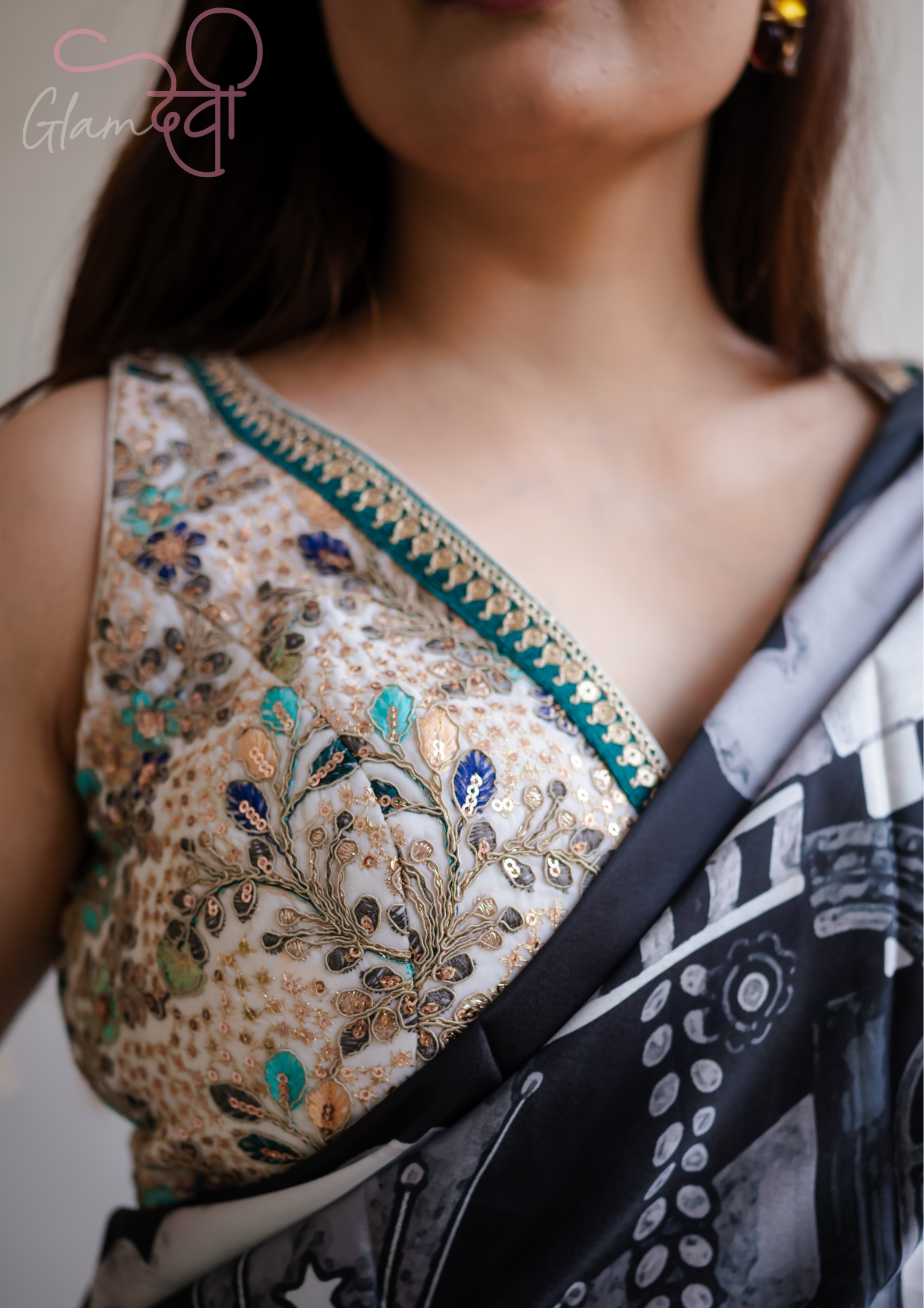 White peacock colour embroidery Blouse - Glam Devi