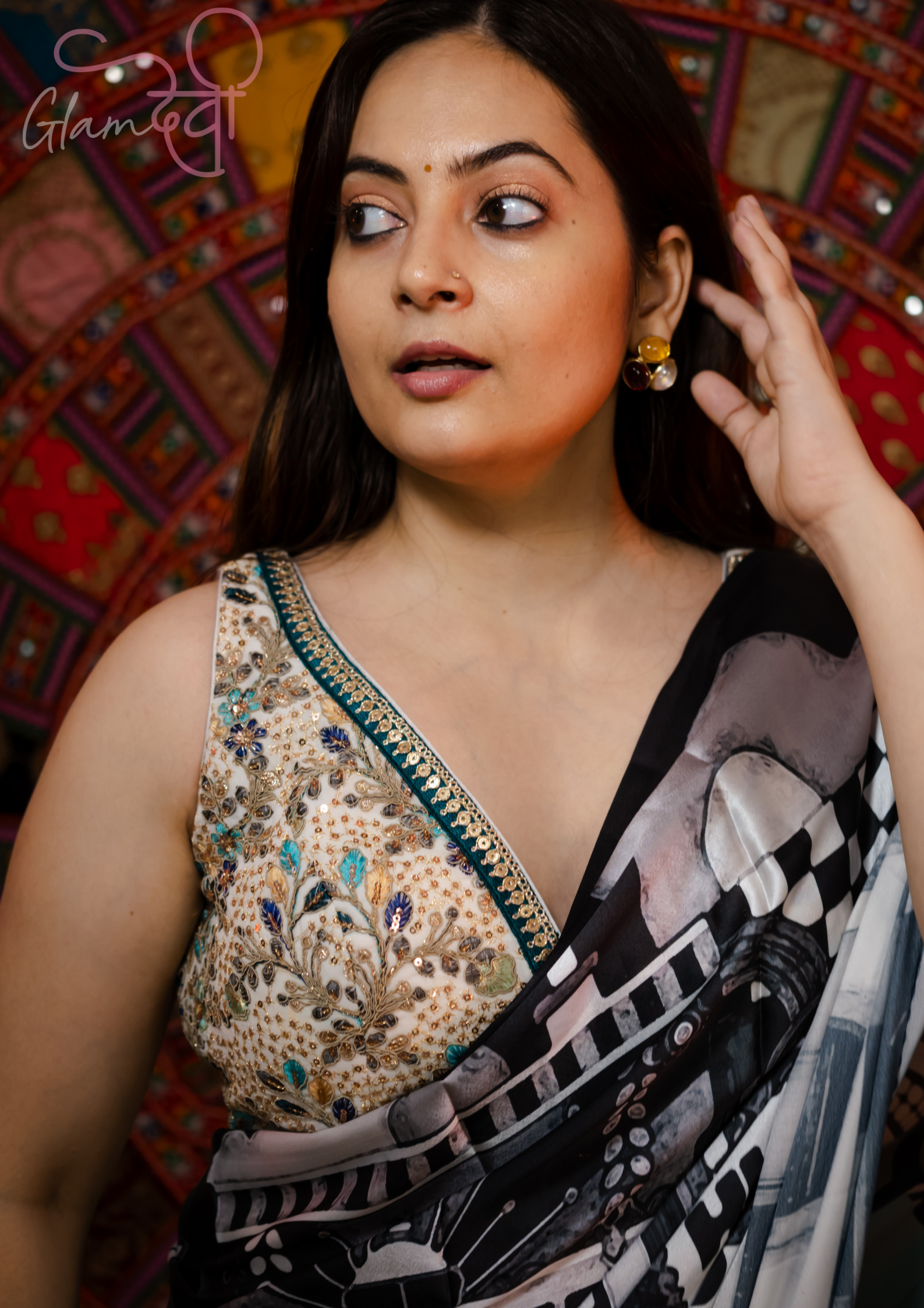 White peacock colour embroidery Blouse - Glam Devi